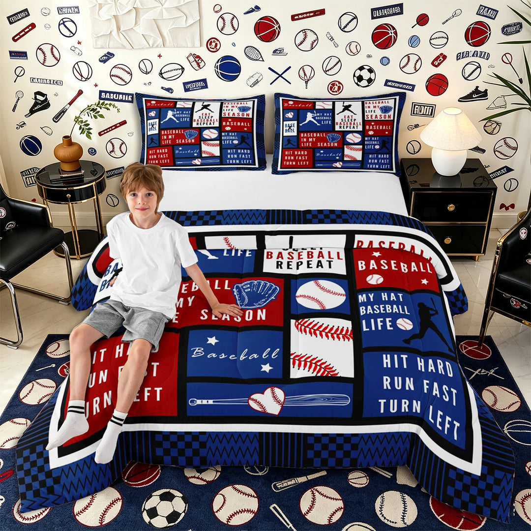 Meiyoeat Eat Sleep Baseball Full Size Comforter Sets 3-Piece, Sport Ball Gamer Bedding Comforter Set, Red Blue White,Navy Blue Reversible