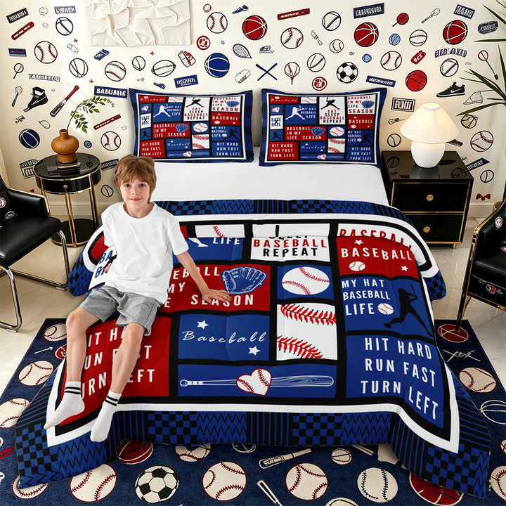 Meiyoeat Eat Sleep Baseball Full Size Comforter Sets 3-Piece, Sport Ball Gamer Bedding Comforter Set, Red Blue White,Navy Blue Reversible