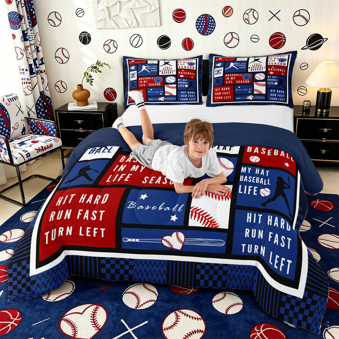 Meiyoeat Eat Sleep Baseball Full Size Comforter Sets 3-Piece, Sport Ball Gamer Bedding Comforter Set, Red Blue White,Navy Blue Reversible
