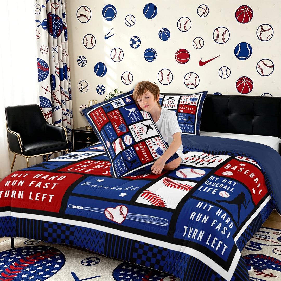 Meiyoeat Eat Sleep Baseball Full Size Comforter Sets 3-Piece, Sport Ball Gamer Bedding Comforter Set, Red Blue White,Navy Blue Reversible