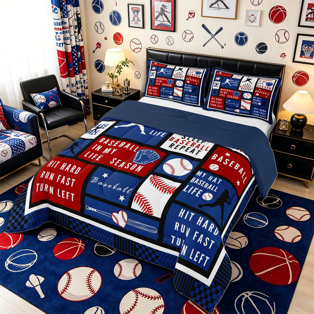 Meiyoeat Eat Sleep Baseball Full Size Comforter Sets 3-Piece, Sport Ball Gamer Bedding Comforter Set, Red Blue White,Navy Blue Reversible
