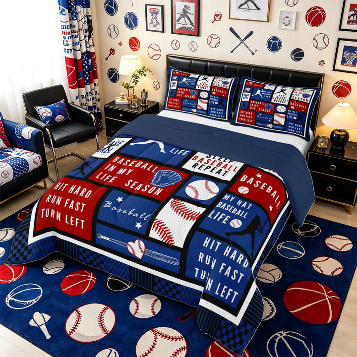 Meiyoeat Eat Sleep Baseball Full Size Comforter Sets 3-Piece, Sport Ball Gamer Bedding Comforter Set, Red Blue White,Navy Blue Reversible