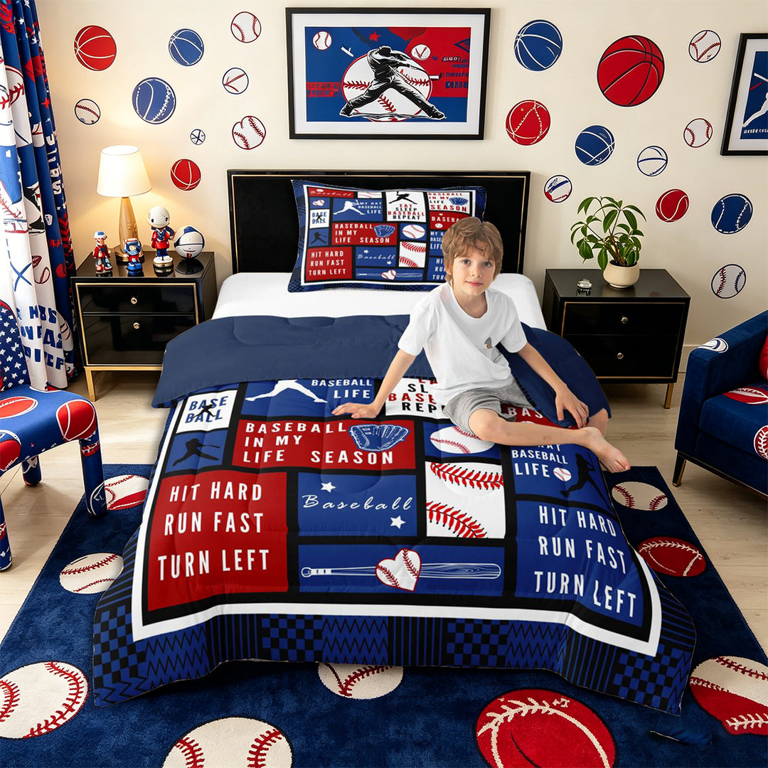 Meiyoeat Eat Sleep Baseball Full Size Comforter Sets 3-Piece, Sport Ball Gamer Bedding Comforter Set, Red Blue White,Navy Blue Reversible