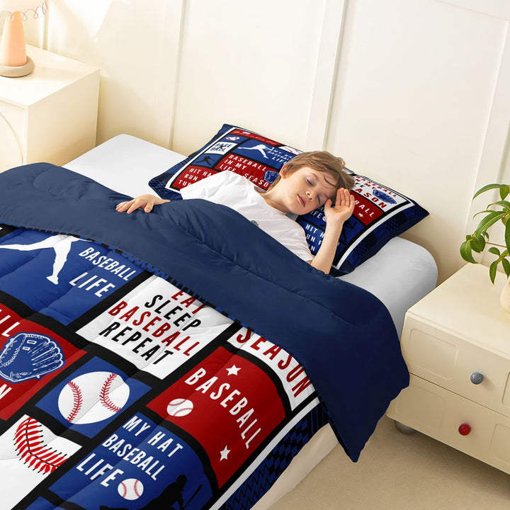 Meiyoeat Eat Sleep Baseball Full Size Comforter Sets 3-Piece, Sport Ball Gamer Bedding Comforter Set, Red Blue White,Navy Blue Reversible
