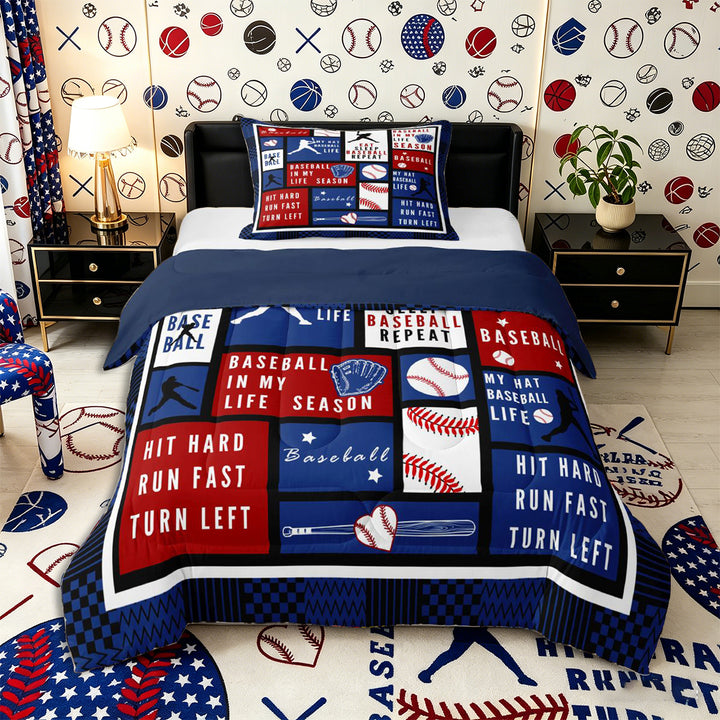 Meiyoeat Eat Sleep Baseball Full Size Comforter Sets 3-Piece, Sport Ball Gamer Bedding Comforter Set, Red Blue White,Navy Blue Reversible