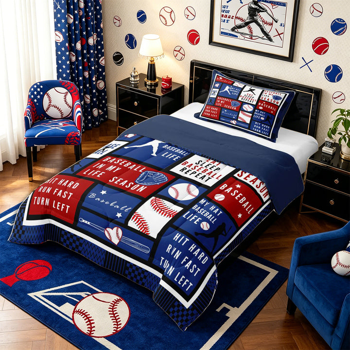 Meiyoeat Eat Sleep Baseball Full Size Comforter Sets 3-Piece, Sport Ball Gamer Bedding Comforter Set, Red Blue White,Navy Blue Reversible