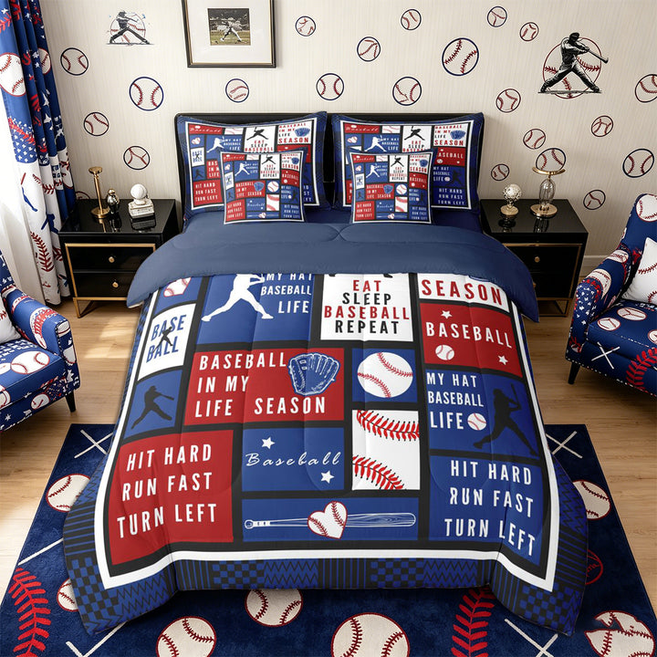 Meiyoeat Eat Sleep Baseball Full Size Bedding Sets 7 Pieces for Boys, Sport Ball Gamer Full Size Bed in a Bag, Red Blue White,Navy Blue Reversible