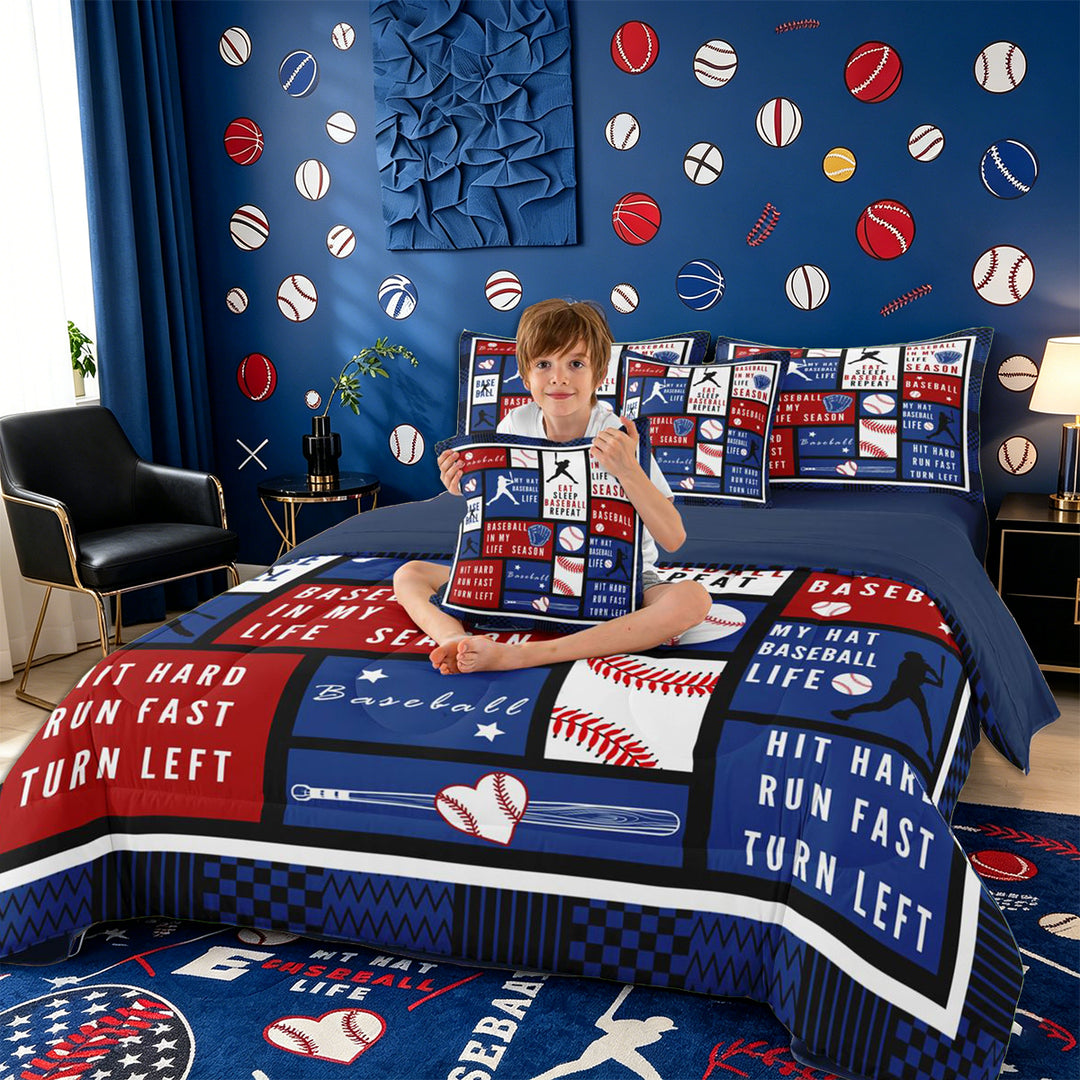 Meiyoeat Eat Sleep Baseball Full Size Bedding Sets 7 Pieces for Boys, Sport Ball Gamer Full Size Bed in a Bag, Red Blue White,Navy Blue Reversible