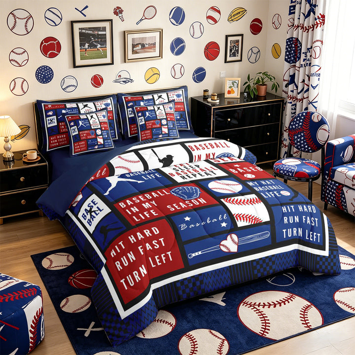 Meiyoeat Eat Sleep Baseball Full Size Bedding Sets 7 Pieces for Boys, Sport Ball Gamer Full Size Bed in a Bag, Red Blue White,Navy Blue Reversible