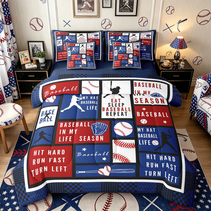 Meiyoeat Eat Sleep Baseball Full Size Bedding Sets 7 Pieces for Boys, Sport Ball Gamer Full Size Bed in a Bag, Red Blue White,Navy Blue Reversible