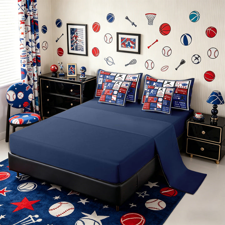 Meiyoeat Eat Sleep Baseball Full Size Bedding Sets 7 Pieces for Boys, Sport Ball Gamer Full Size Bed in a Bag, Red Blue White,Navy Blue Reversible