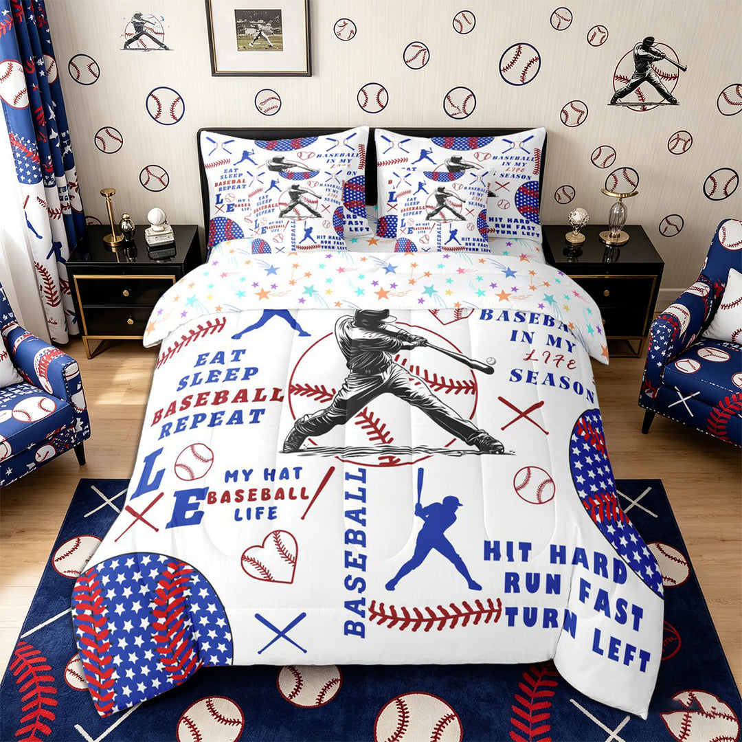 Meiyoeat Baseball Gamer Full Size Bedding Sets 7 Pieces for Teens, Sport Theme Full Size Bed in a Bag, Red Blue White