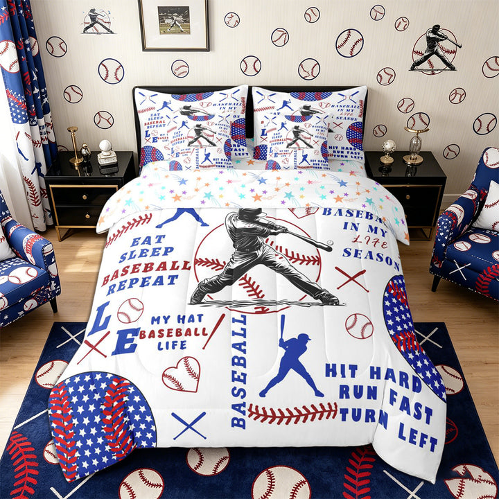 Meiyoeat Baseball Gamer Full Size Bedding Sets 7 Pieces for Teens, Sport Theme Full Size Bed in a Bag, Red Blue White