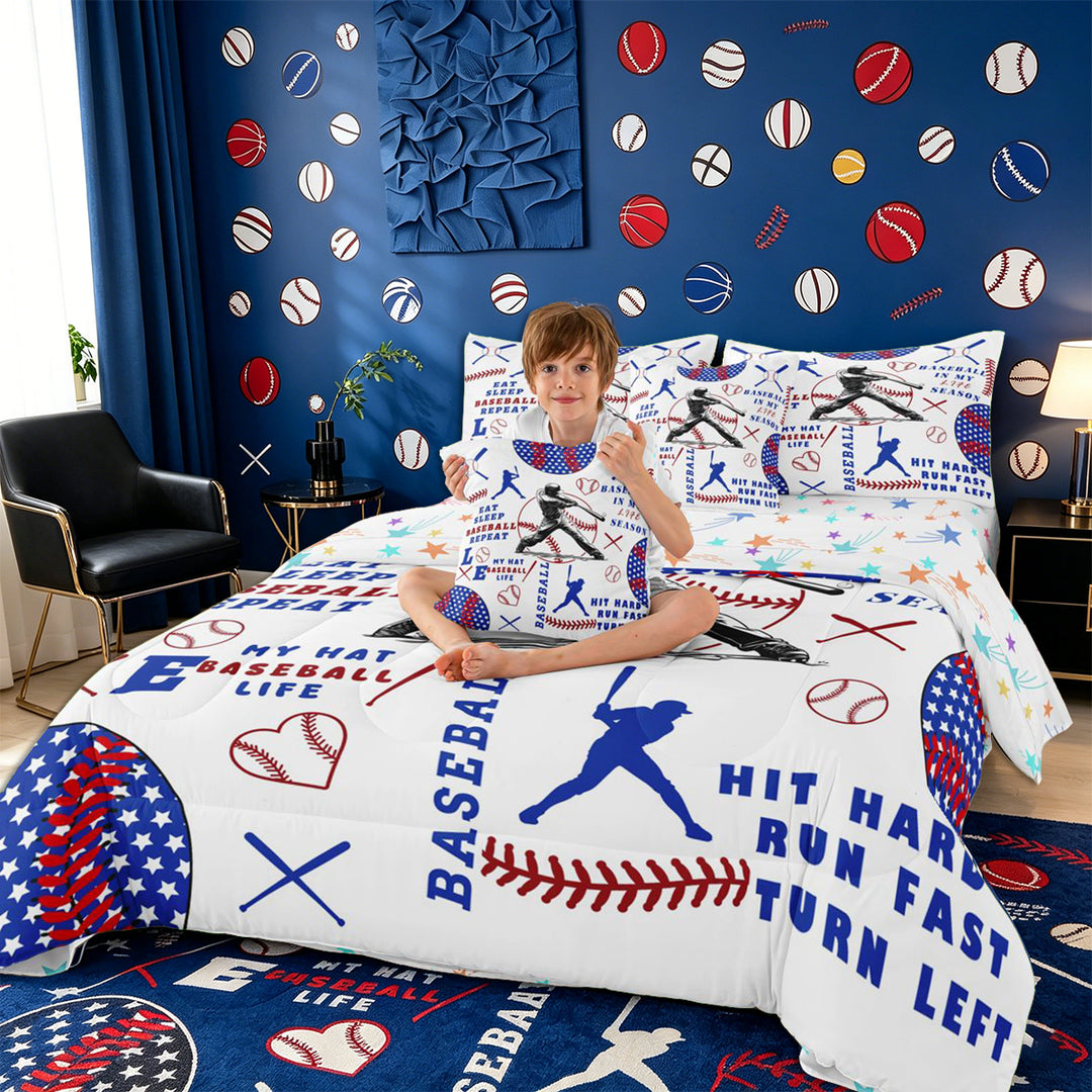 Meiyoeat Baseball Gamer Full Size Bedding Sets 7 Pieces for Teens, Sport Theme Full Size Bed in a Bag, Red Blue White