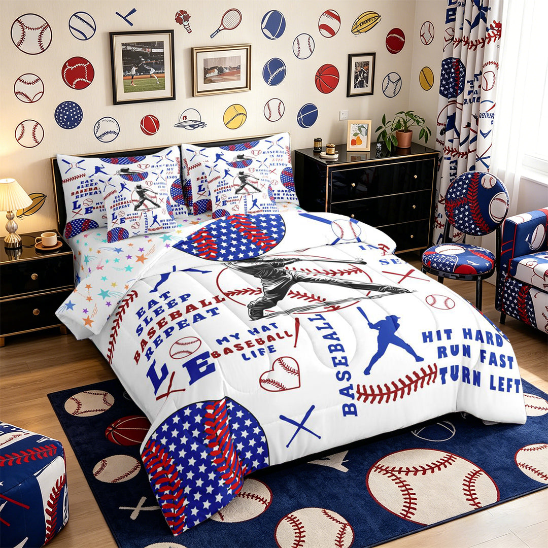 Meiyoeat Baseball Gamer Full Size Bedding Sets 7 Pieces for Teens, Sport Theme Full Size Bed in a Bag, Red Blue White