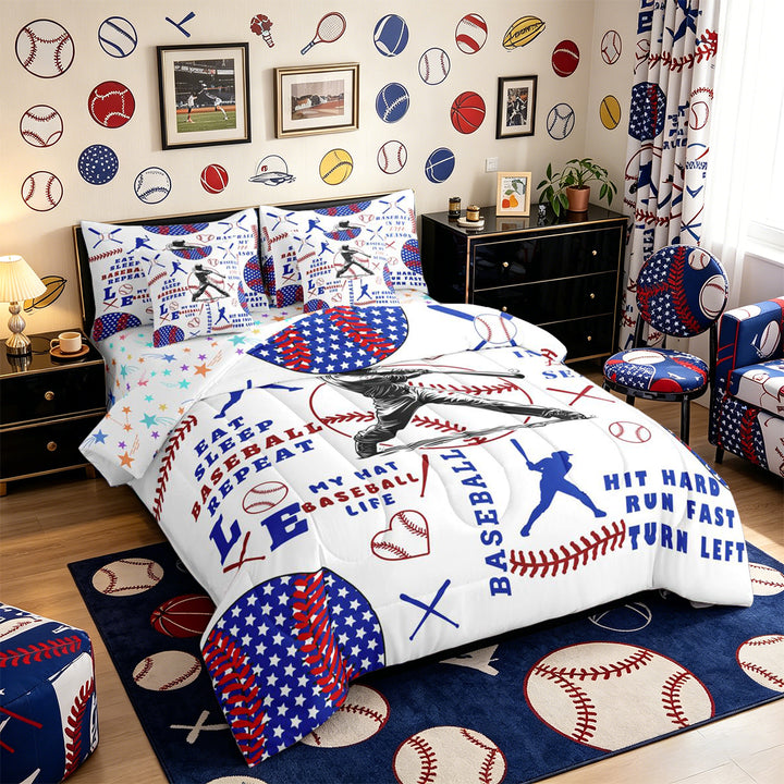 Meiyoeat Baseball Gamer Full Size Bedding Sets 7 Pieces for Teens, Sport Theme Full Size Bed in a Bag, Red Blue White
