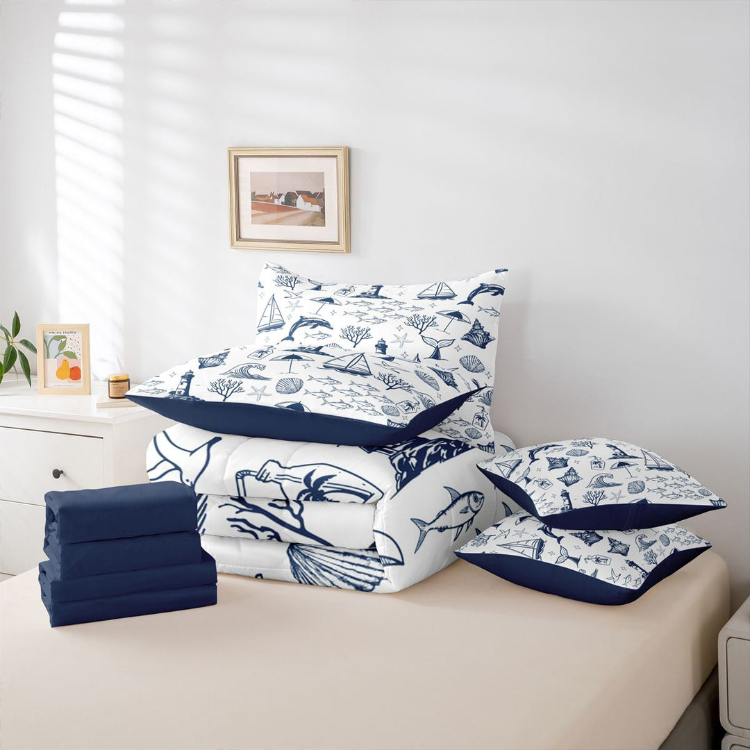 meiyoeat Sea Navigation Theme 7 Pieces Full Size Bedding Sets For Boys,Ocean Lighthouse Cute Whale Full Size Bed in a Bag,Reversible