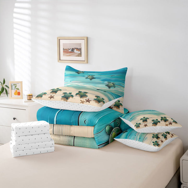 meiyoeat Watercolor Sea Turtle 7 Pieces Full Size Bedding Sets For Boys,Starfish Print Full Size Bed in a Bag
