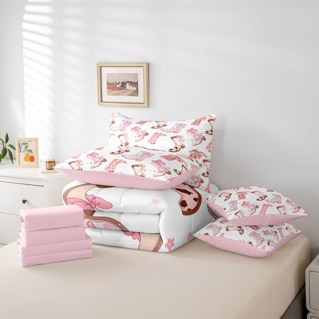 meiyoeat Western Cowgirls Boots 7 Pieces Full Size Bedding Sets For Girls,Pink Coquette Bow Full Size Bed in a Bag For Kids,Pink Reversible