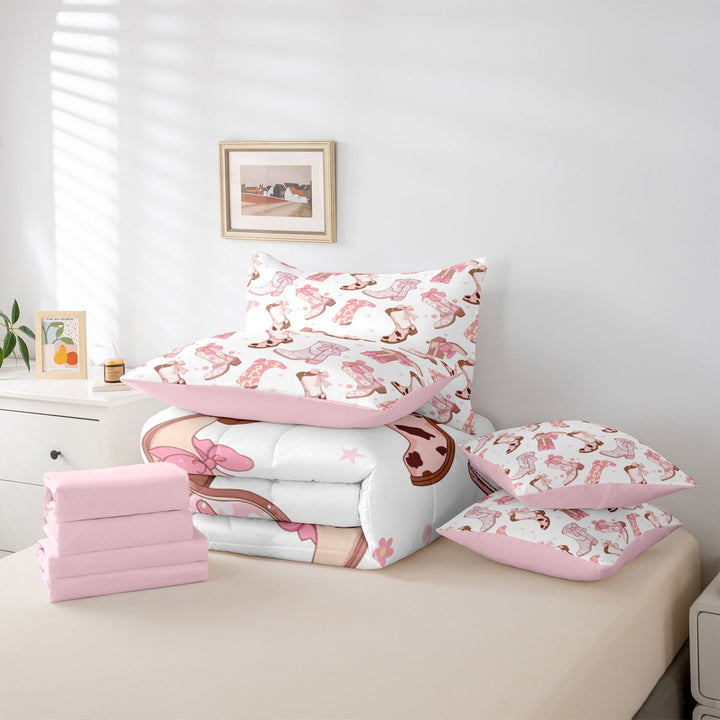 meiyoeat Western Cowgirls Boots 7 Pieces Full Size Bedding Sets For Girls,Pink Coquette Bow Full Size Bed in a Bag For Kids,Pink Reversible