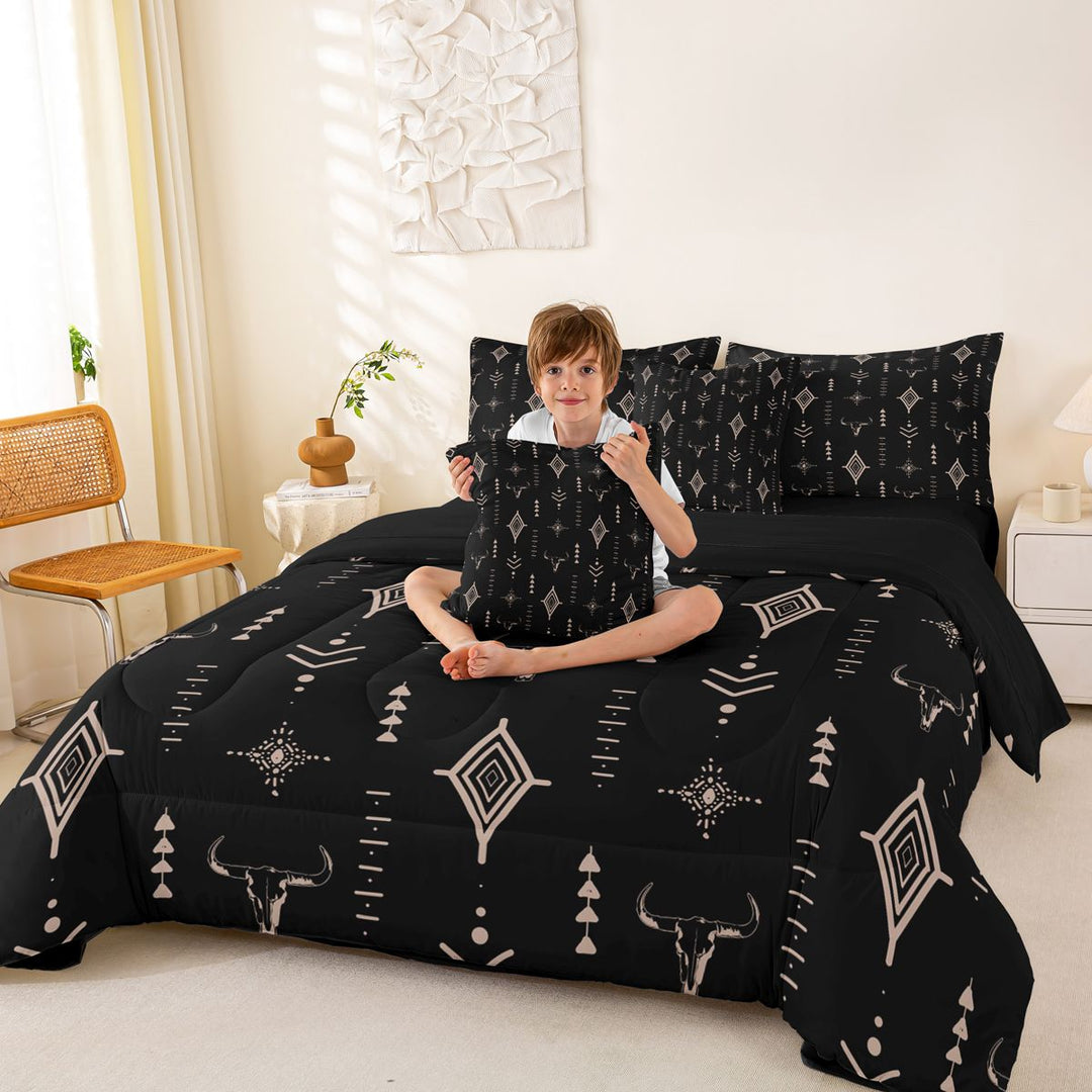 meiyoeat Rustic Bull Skull 7-Piece King Bedding For Boys,Vintage Western Aztec Geometric Pattern King Bed in a Bag For Men,Black Reversible