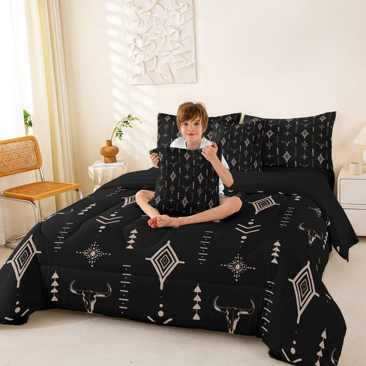 meiyoeat Rustic Bull Skull 7-Piece King Bedding For Boys,Vintage Western Aztec Geometric Pattern King Bed in a Bag For Men,Black Reversible
