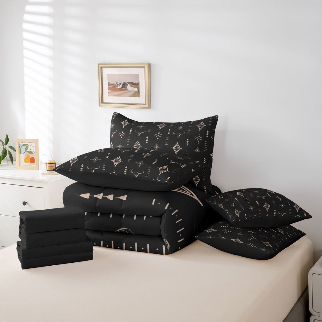 meiyoeat Rustic Bull Skull 7-Piece King Bedding For Boys,Vintage Western Aztec Geometric Pattern King Bed in a Bag For Men,Black Reversible