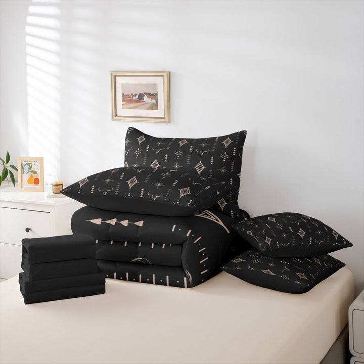 meiyoeat Rustic Bull Skull 7-Piece King Bedding For Boys,Vintage Western Aztec Geometric Pattern King Bed in a Bag For Men,Black Reversible