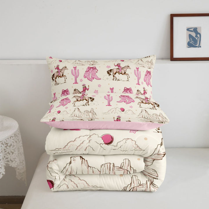 meiyoeat Retro Western Cowgirl Full Size Comforter Sets For Kids, Pink Vintage Cowboy Boots Bedding Comforter Set For Girls,Pink Reversible,3-Piece