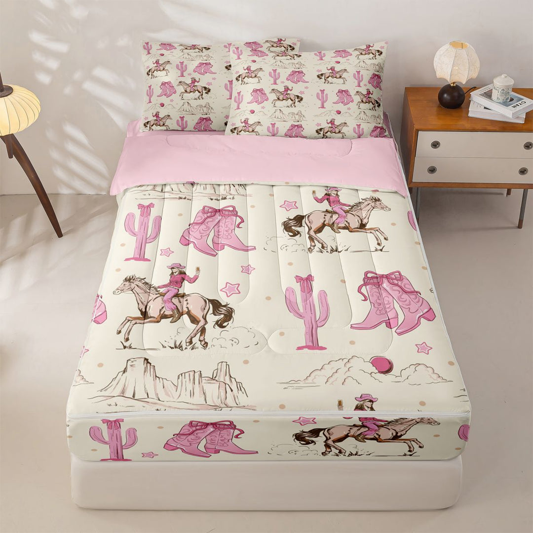 meiyoeat Retro Western Cowgirl Zipper Full Size Comforter Sets with Fitted Sheet and 2 Pillowcases For Kids, Pink Vintage Cowboy Boots Zipper Bedding Set For Girls,Pink Reversible,4-Piece