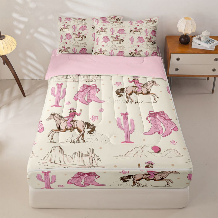 meiyoeat Retro Western Cowgirl Zipper Full Size Comforter Sets with Fitted Sheet and 2 Pillowcases For Kids, Pink Vintage Cowboy Boots Zipper Bedding Set For Girls,Pink Reversible,4-Piece