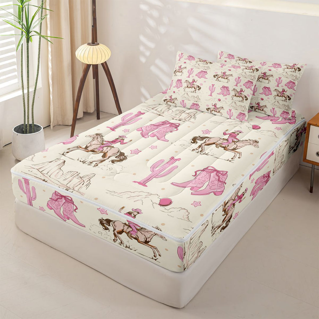 meiyoeat Retro Western Cowgirl Zipper Full Size Comforter Sets with Fitted Sheet and 2 Pillowcases For Kids, Pink Vintage Cowboy Boots Zipper Bedding Set For Girls,Pink Reversible,4-Piece