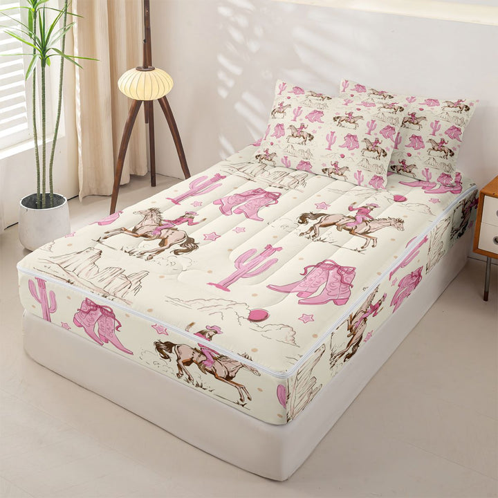 meiyoeat Retro Western Cowgirl Zipper Full Size Comforter Sets with Fitted Sheet and 2 Pillowcases For Kids, Pink Vintage Cowboy Boots Zipper Bedding Set For Girls,Pink Reversible,4-Piece