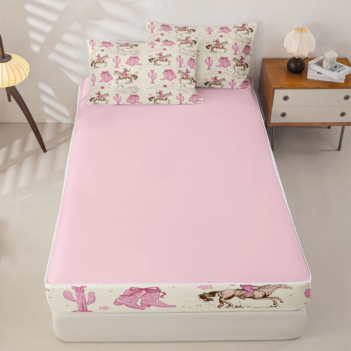 meiyoeat Retro Western Cowgirl Zipper Full Size Comforter Sets with Fitted Sheet and 2 Pillowcases For Kids, Pink Vintage Cowboy Boots Zipper Bedding Set For Girls,Pink Reversible,4-Piece