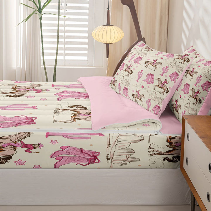 meiyoeat Retro Western Cowgirl Zipper Full Size Comforter Sets with Fitted Sheet and 2 Pillowcases For Kids, Pink Vintage Cowboy Boots Zipper Bedding Set For Girls,Pink Reversible,4-Piece