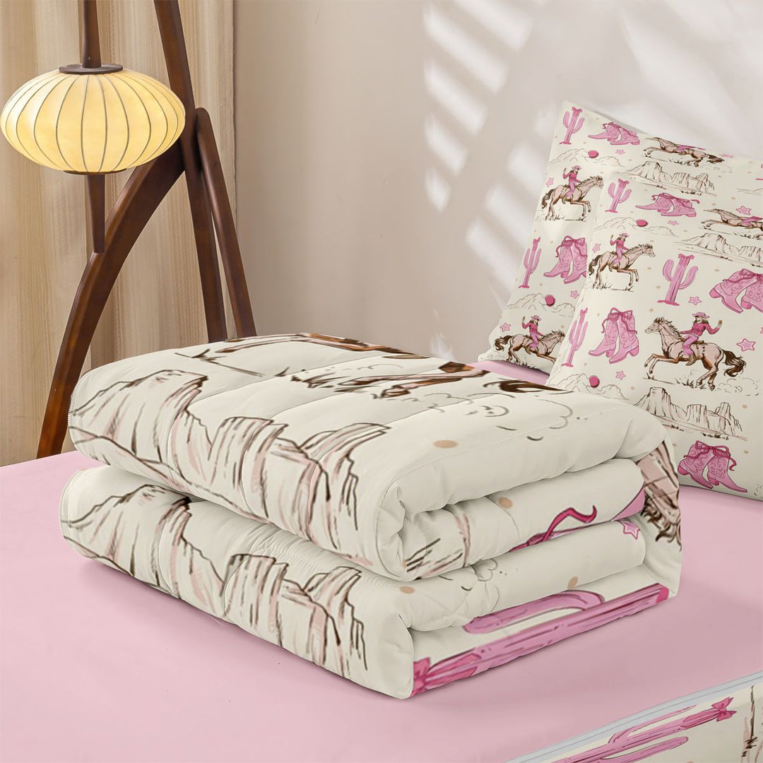 meiyoeat Retro Western Cowgirl Zipper Full Size Comforter Sets with Fitted Sheet and 2 Pillowcases For Kids, Pink Vintage Cowboy Boots Zipper Bedding Set For Girls,Pink Reversible,4-Piece