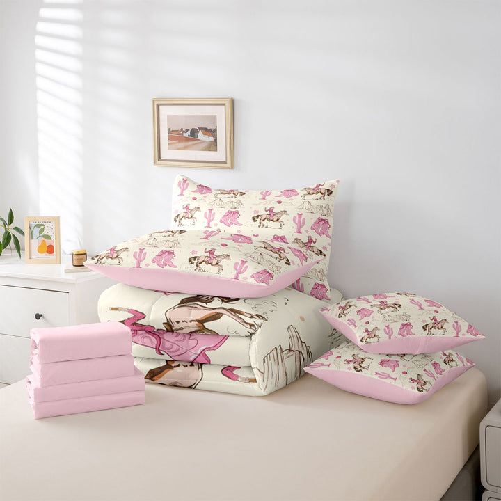 meiyoeat Retro Western Cowgirl 7 Pieces Full Size Bedding Sets For Kids, Pink Vintage Cowboy Boots Full Size Bed in a Bag For Girls,Pink Reversible