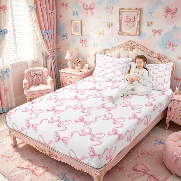 Meiyoeat Minimalist Ribbon Print Bed Sheets 4-Piece, Delicate Bow Pattern Full Size Sheets, Pink White