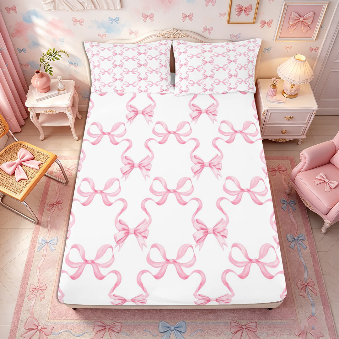 Meiyoeat Minimalist Ribbon Print Bed Sheets 4-Piece, Delicate Bow Pattern Full Size Sheets, Pink White
