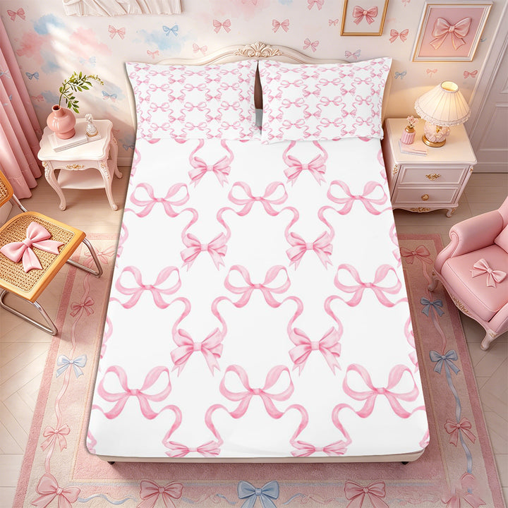 Meiyoeat Minimalist Ribbon Print Bed Sheets 4-Piece, Delicate Bow Pattern Full Size Sheets, Pink White