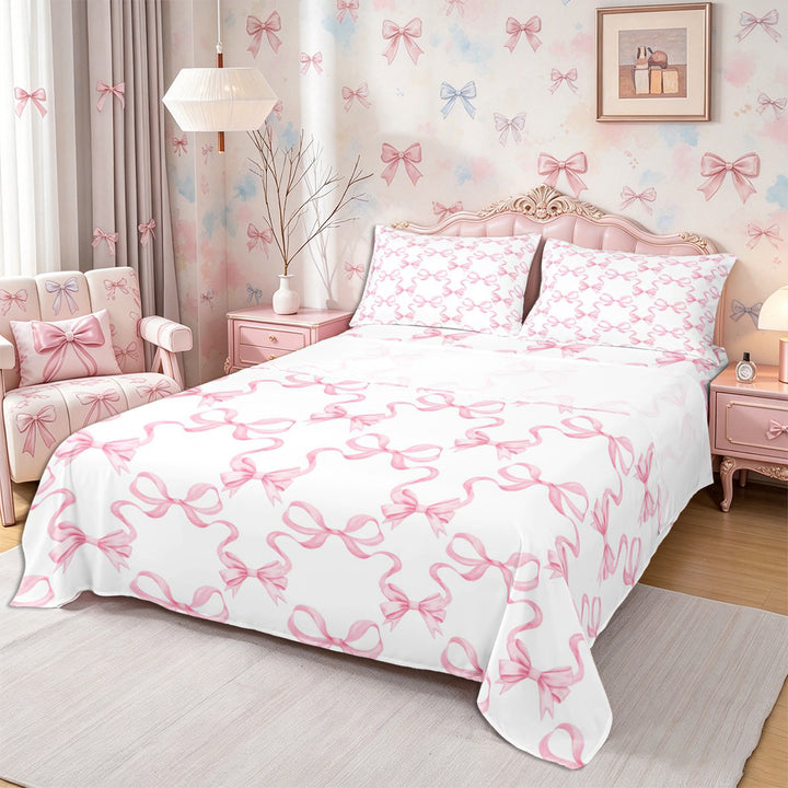 Meiyoeat Minimalist Ribbon Print Bed Sheets 4-Piece, Delicate Bow Pattern Full Size Sheets, Pink White