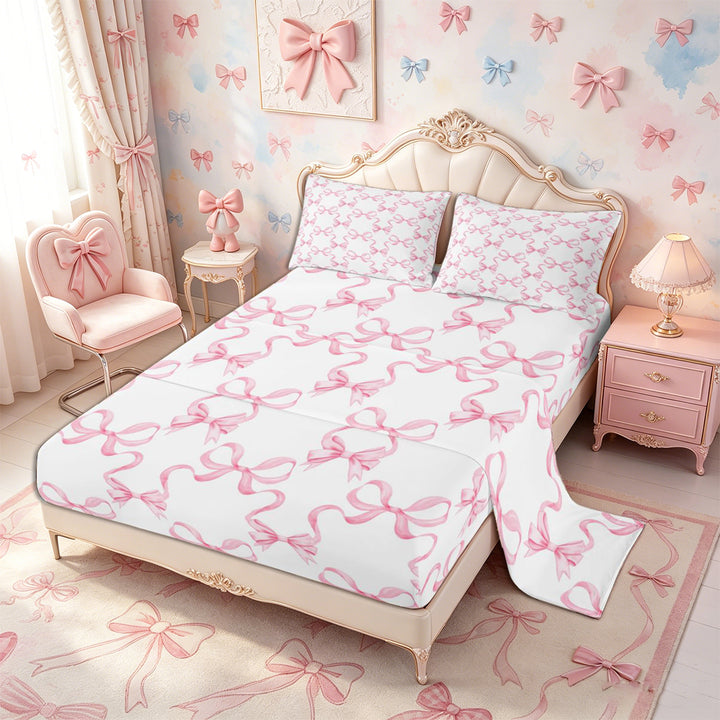 Meiyoeat Minimalist Ribbon Print Bed Sheets 4-Piece, Delicate Bow Pattern Full Size Sheets, Pink White