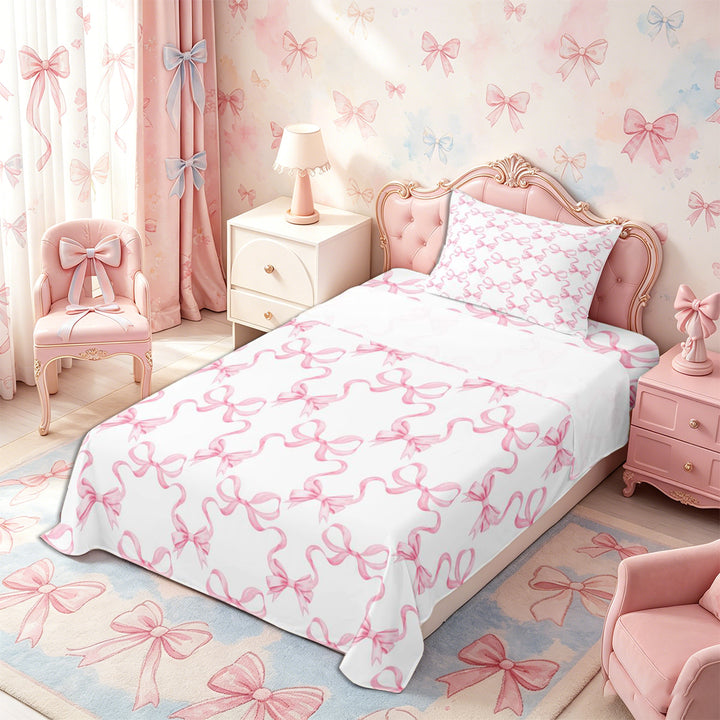 Meiyoeat Minimalist Ribbon Print Bed Sheets 4-Piece, Delicate Bow Pattern Full Size Sheets, Pink White