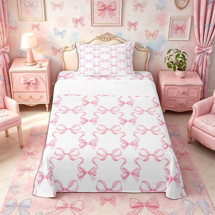 Meiyoeat Minimalist Ribbon Print Bed Sheets 4-Piece, Delicate Bow Pattern Full Size Sheets, Pink White