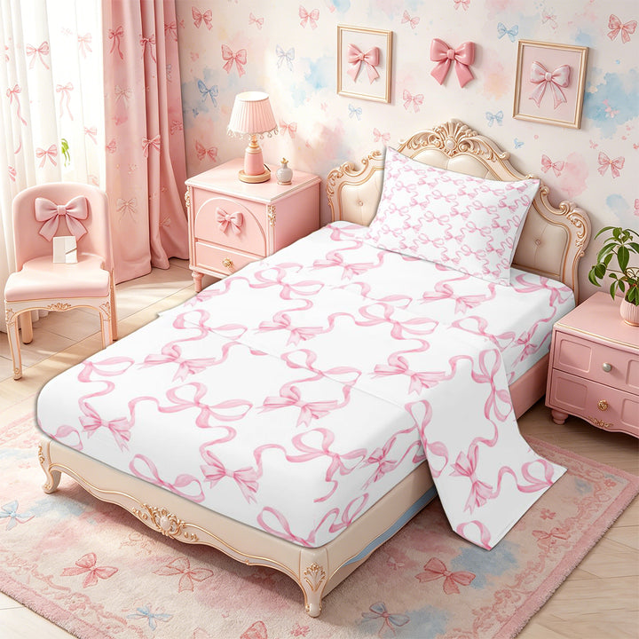 Meiyoeat Minimalist Ribbon Print Bed Sheets 4-Piece, Delicate Bow Pattern Full Size Sheets, Pink White
