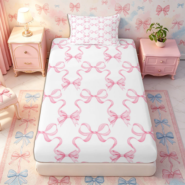 Meiyoeat Minimalist Ribbon Print Bed Sheets 4-Piece, Delicate Bow Pattern Full Size Sheets, Pink White