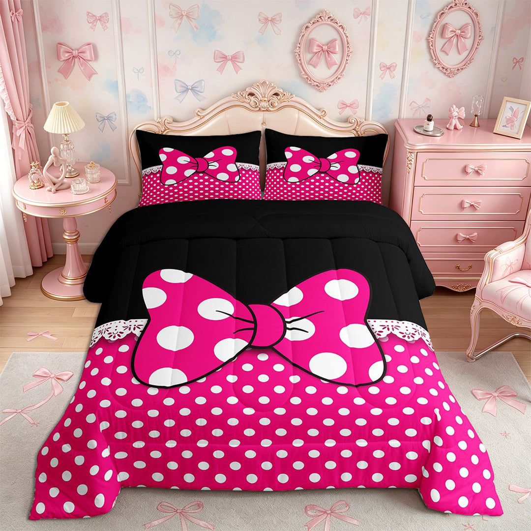 Meiyoeat Bright Polka Dot Print Full Size Comforter Sets 3-Piece, Playful Bow Pattern Bedding Comforter Set, Pink Black White