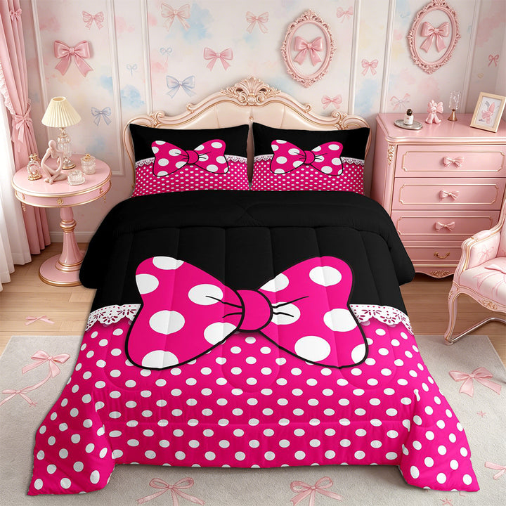 Meiyoeat Bright Polka Dot Print Full Size Comforter Sets 3-Piece, Playful Bow Pattern Bedding Comforter Set, Pink Black White