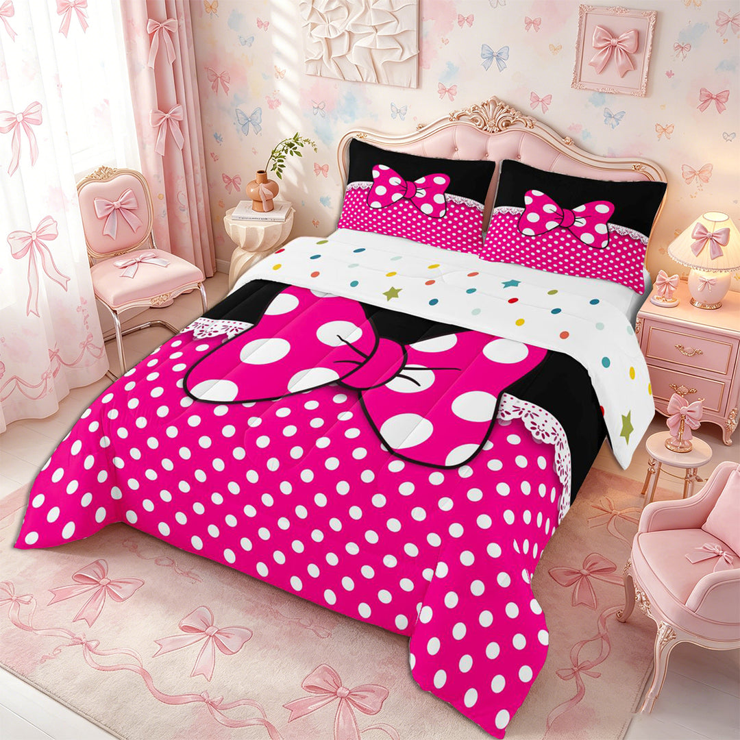Meiyoeat Bright Polka Dot Print Full Size Comforter Sets 3-Piece, Playful Bow Pattern Bedding Comforter Set, Pink Black White