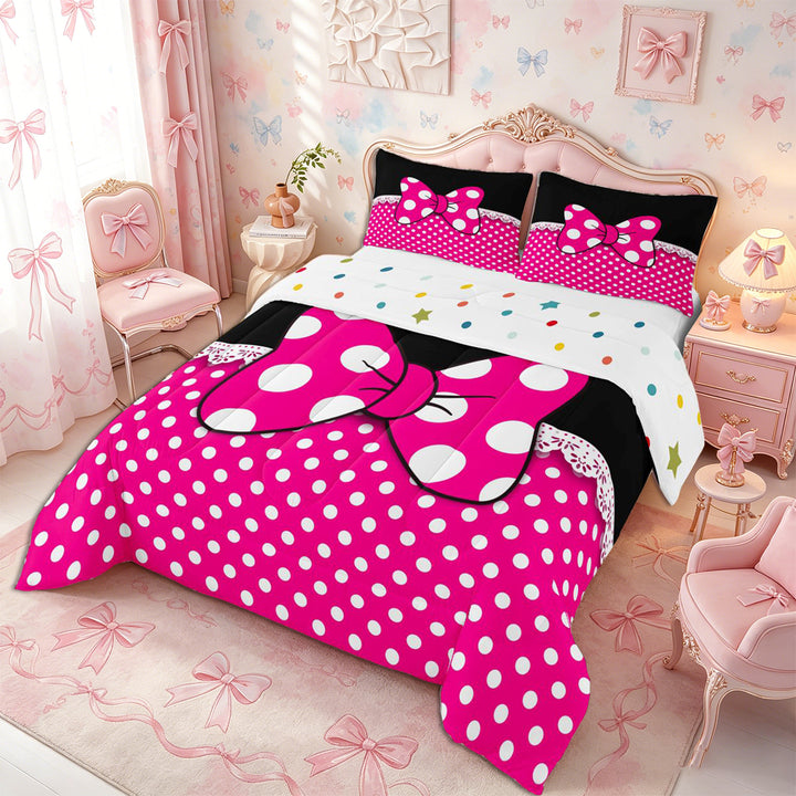 Meiyoeat Bright Polka Dot Print Full Size Comforter Sets 3-Piece, Playful Bow Pattern Bedding Comforter Set, Pink Black White